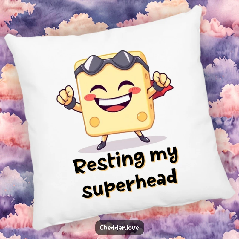 Funny cheese cube superhero pillow, smiling heroically, soft and cuddly, bringing cheesy courage to any room.