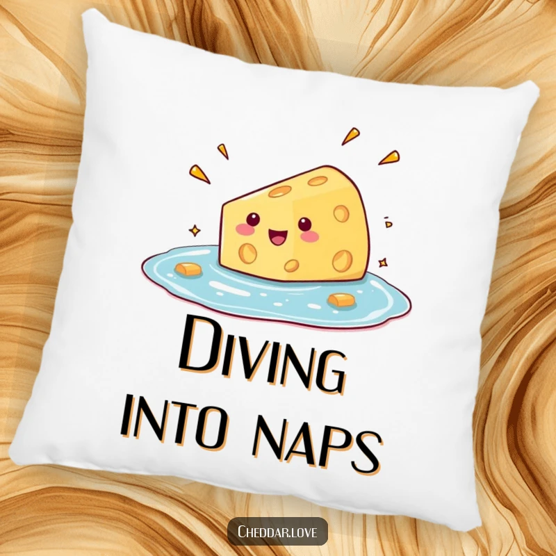Funny pillow featuring a wedge of cheese comically diving into a pool of glee, offering soft and humorous decor.