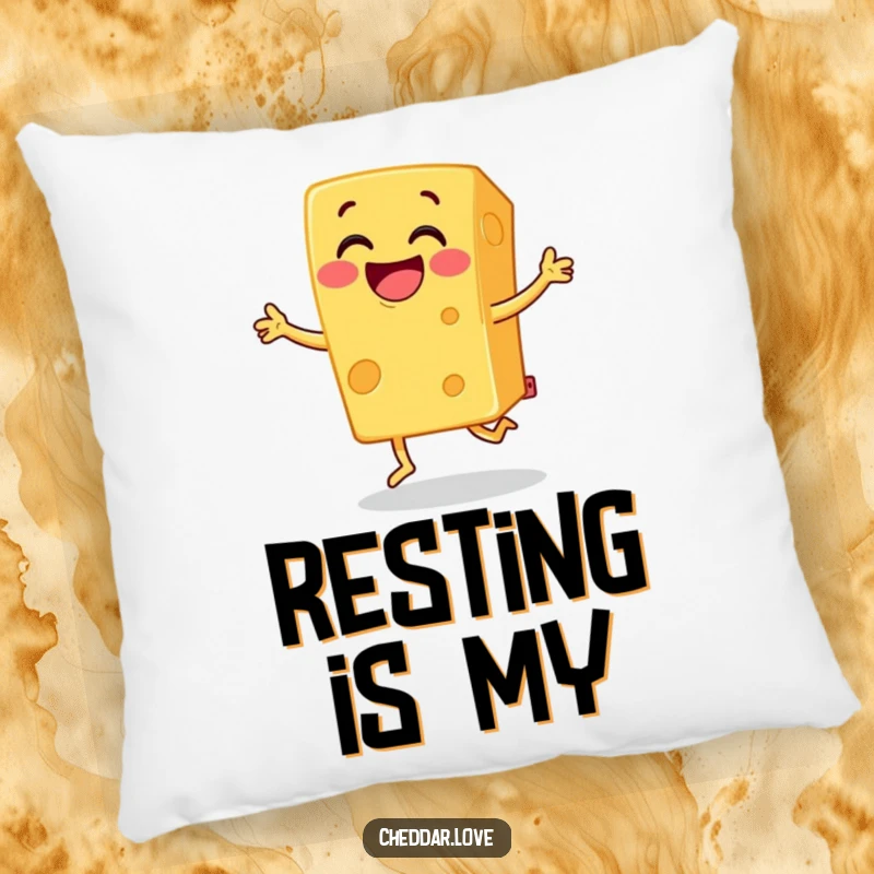 Funny cheddar cheese pillow, a block of grinning cheese doing a joyful jig, offering comfort and a dose of cheer.