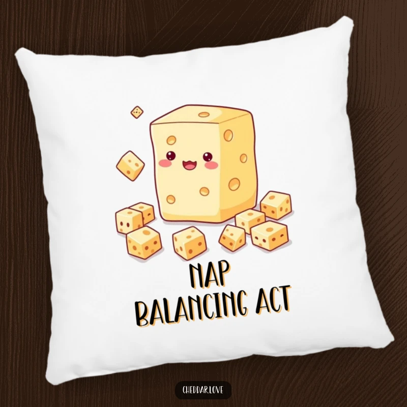 Funny pillow featuring a block of cheese juggling smaller cheese cubes, perfect for adding comfort and humor.