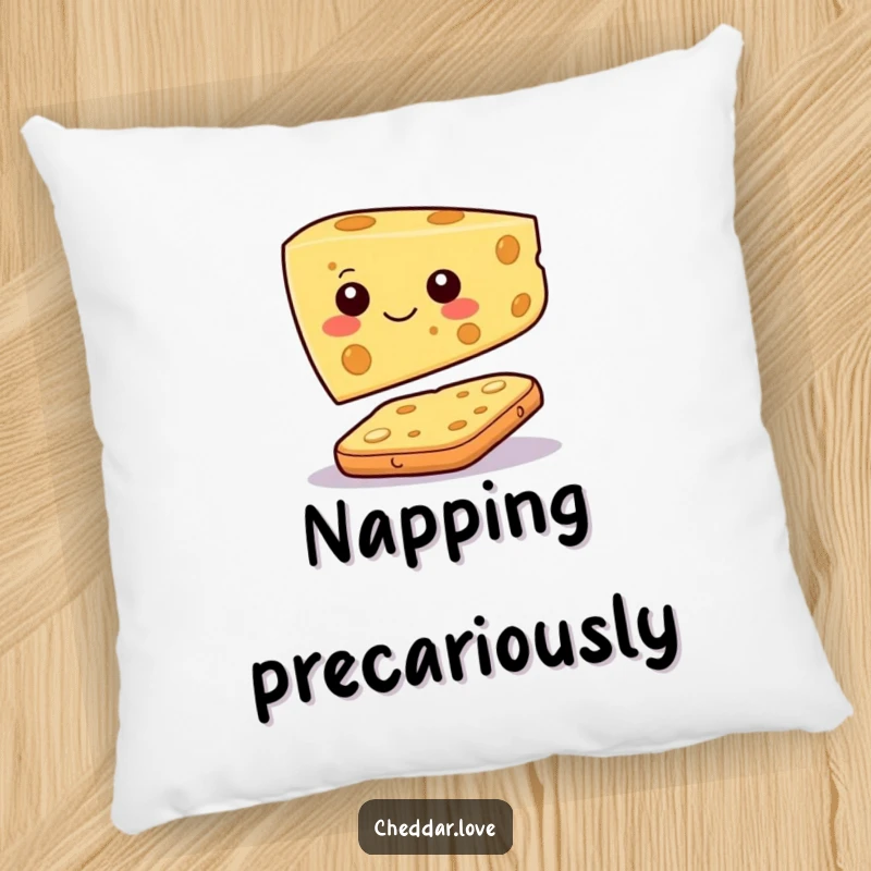 Funny pillow featuring a happy cheese slice character precariously balancing on a cracker, bringing edible humor and comfort.