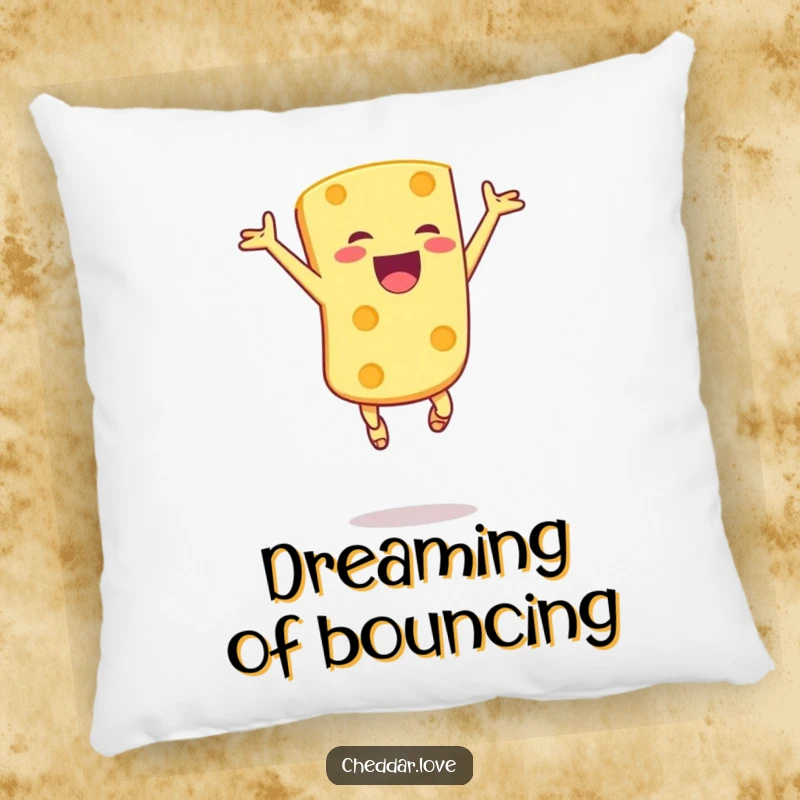 Funny pillow featuring a joyful cheese chunk leaping in the air with sheer excitement, perfect for cozying up with cheesy cheer.