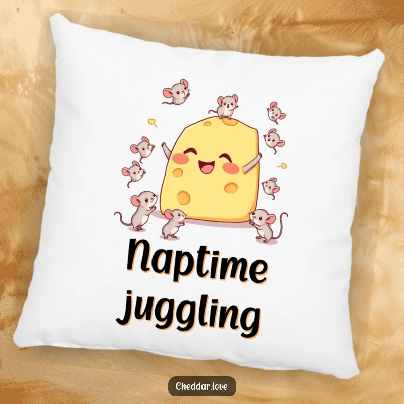 Funny pillow featuring a happy cheese wedge comically juggling tiny mice, perfect for cozying up with a touch of quirky humor.