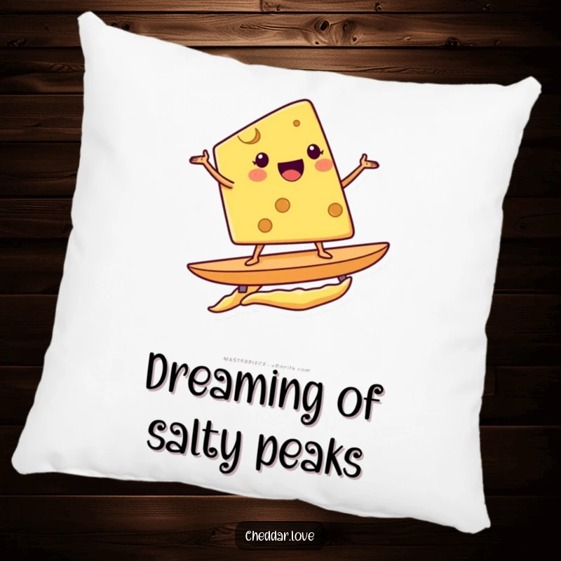 Funny pillow featuring a joyful cheese wedge in mid-surf on a potato chip, adding a touch of whimsy.