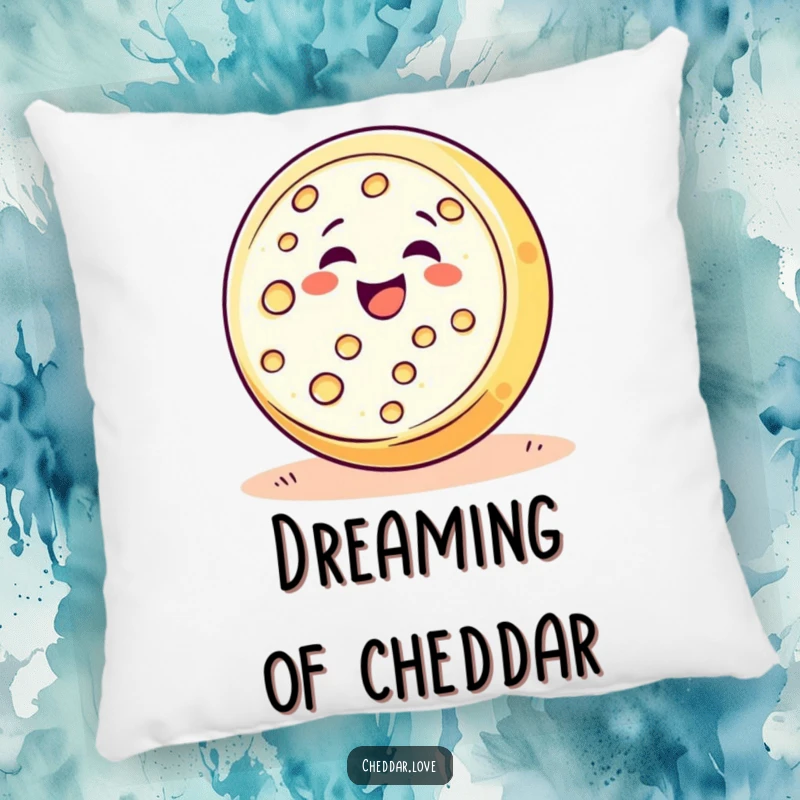Funny happy cheese wheel rolling downhill with pure delight, a humorous and comfortable pillow for foodies.