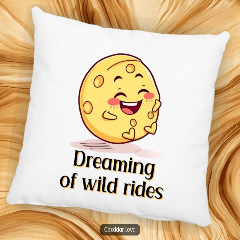 Funny pillow with a joyful cheese wheel rolling downhill with a mischievous grin, perfect for a comfy, fun touch.