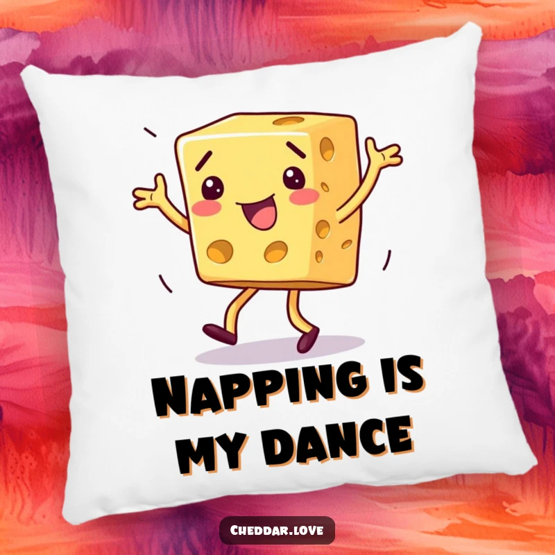 Funny dancing cheese pillow, a block of cheese with floppy limbs, captured mid-silly dance, perfect for cozy fun.