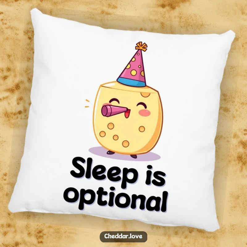 Funny pillow with a festive cheese wheel, party hat, and noisemaker, ready for cozy celebrations. A fun funny gift.
