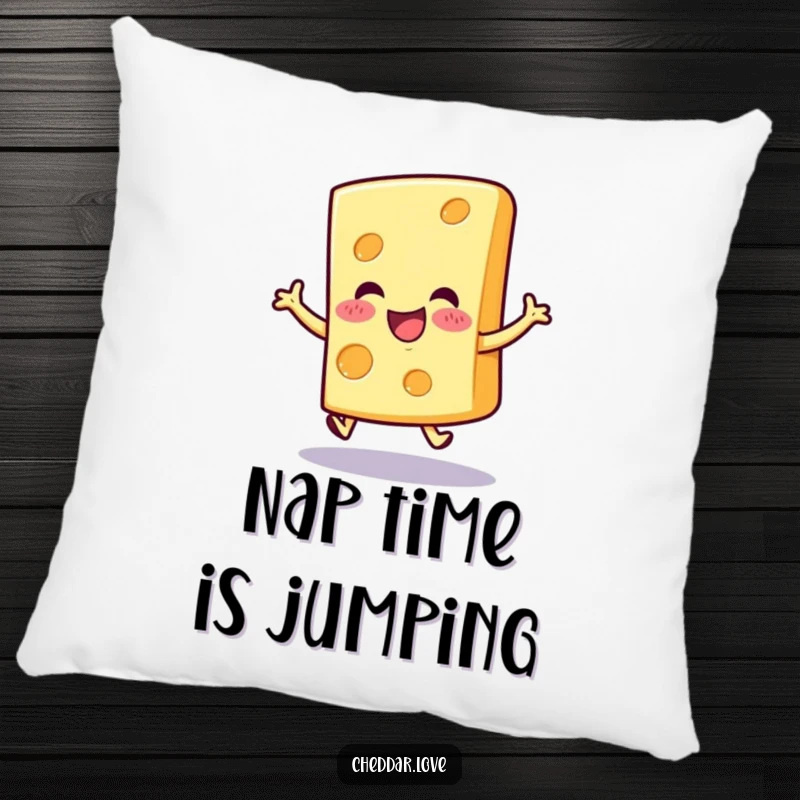 Funny cheerful cheese slice pillow, in a joyful hop, soft and cuddly, perfect for spreading happiness.