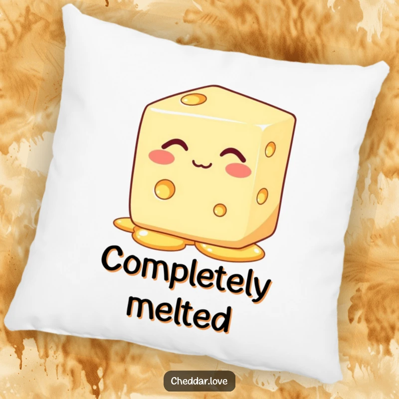 Funny block of cheese with eyes closed, happily melting, on a soft cheese pillow, an amusing gift.