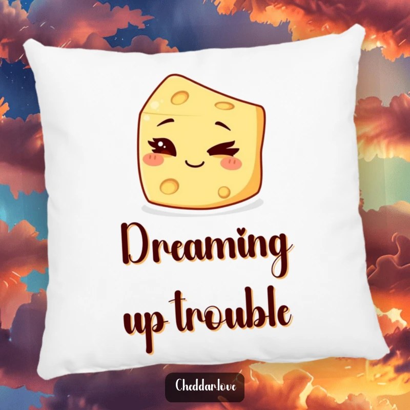 Funny Pillow featuring a piece of cheese winking with a mischievous grin, adding a playful touch.