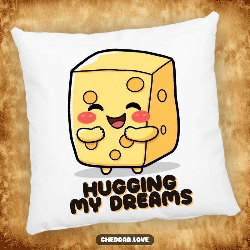 Funny happy cheese slice character offering a cheesy hug, a soft and humorous decorative pillow.