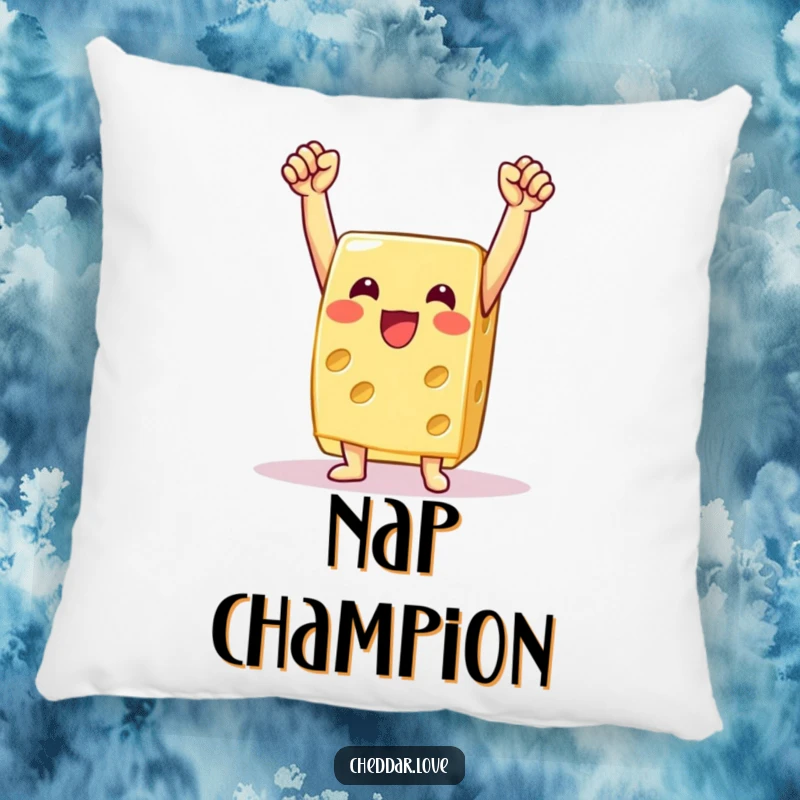 Funny cheese pillow featuring a jubilant cheese slice, arms raised in a celebratory pose, offering comfort and humor.