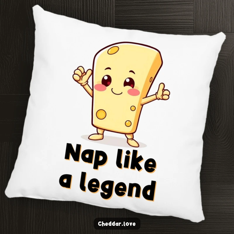 Funny pillow with a happy cheese character striking a heroic pose, bringing comical bravery and cozy comfort.
