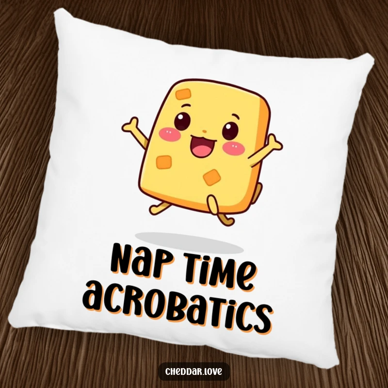 Funny Pillow featuring a happy piece of cheese with legs, jumping with infectious, boundless enthusiasm.