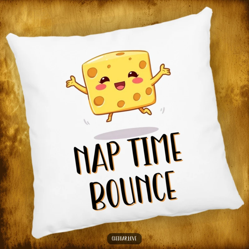 Funny Pillow: A soft cushion featuring a cheese cube in a comical, wobbly jump, perfect for cuddles and laughs.