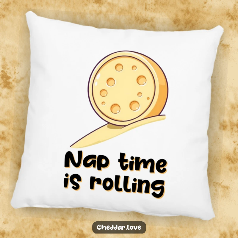 Funny pillow featuring a cheerful cheese wheel in mid-roll, adding a touch of playful decoration and soft comfort.