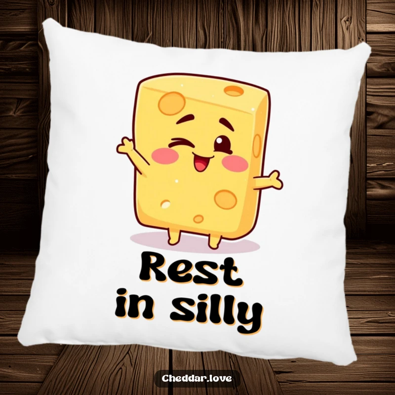 Funny pillow with a block of cheese winking playfully and striking a silly pose, designed for comfort and cheesy humor.