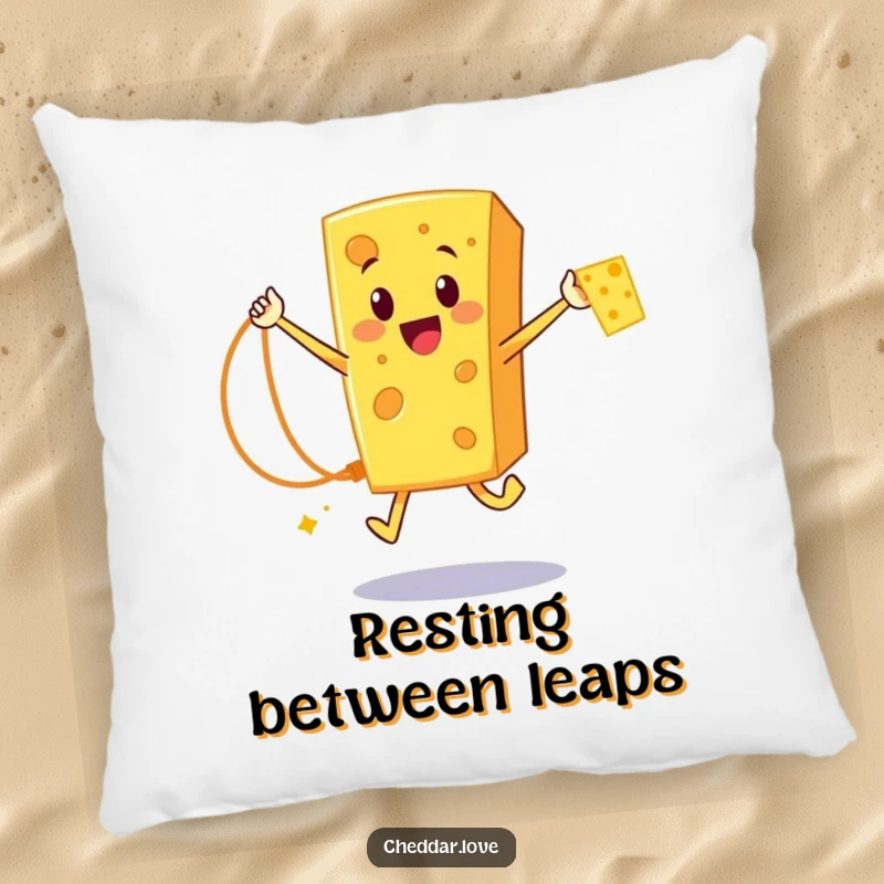 Funny Cheddar Cheese Pillow: A happy cartoon cheese character jumping rope with a cheese strand, bringing comfort and cheer.