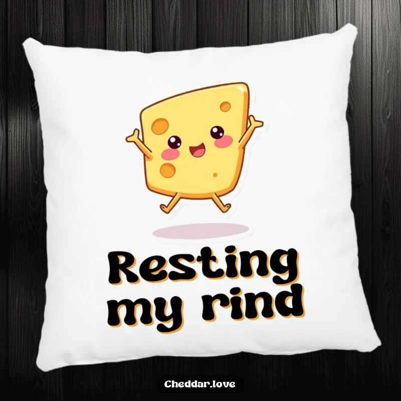 Funny pillow with a cute wedge of cheese doing a cartwheel, offering comfort and a humorous touch to any room.