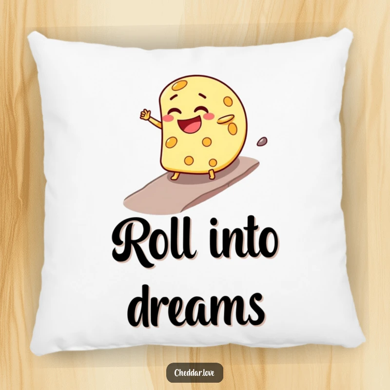 Funny Pillow: A cheese wheel with a mischievous grin rolls downhill, providing a humorous and comfortable decorative accent.