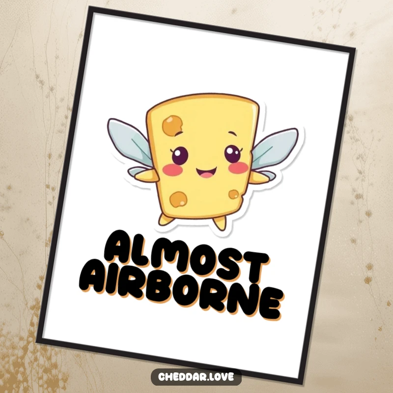 Funny digital art print of a smiling cheese character awkwardly flying with cracker wings, full of humorous charm.
