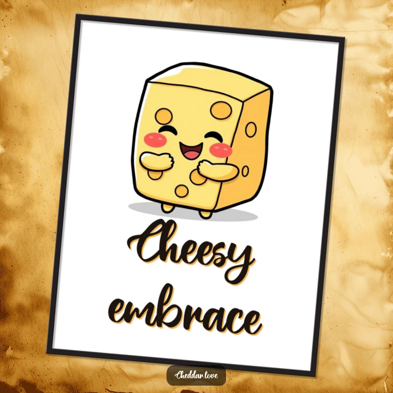 Funny happy cheese slice character offering a cheesy hug, a humorous and heartwarming digital art print.