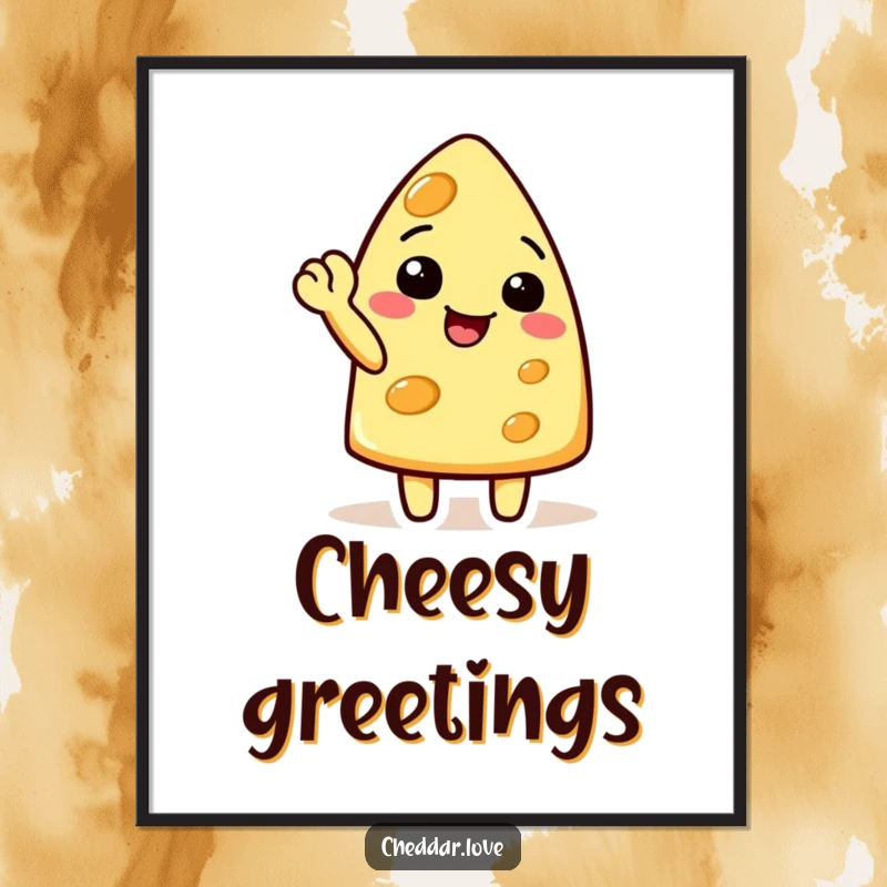 Funny cheese character doing a cheerful wave with a raised corner, on a humorous cheese digital art print.