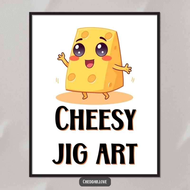 Funny Cheddar Cheese Digital Art Print, googly-eyed wedge dancing a jig, perfect for instant wall decor.