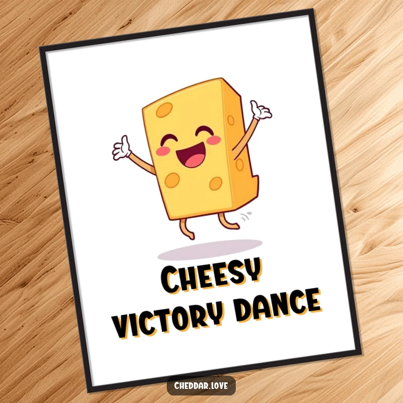 Funny grinning cheddar cheese slice dancing triumphantly, a vibrant and humorous digital art print.