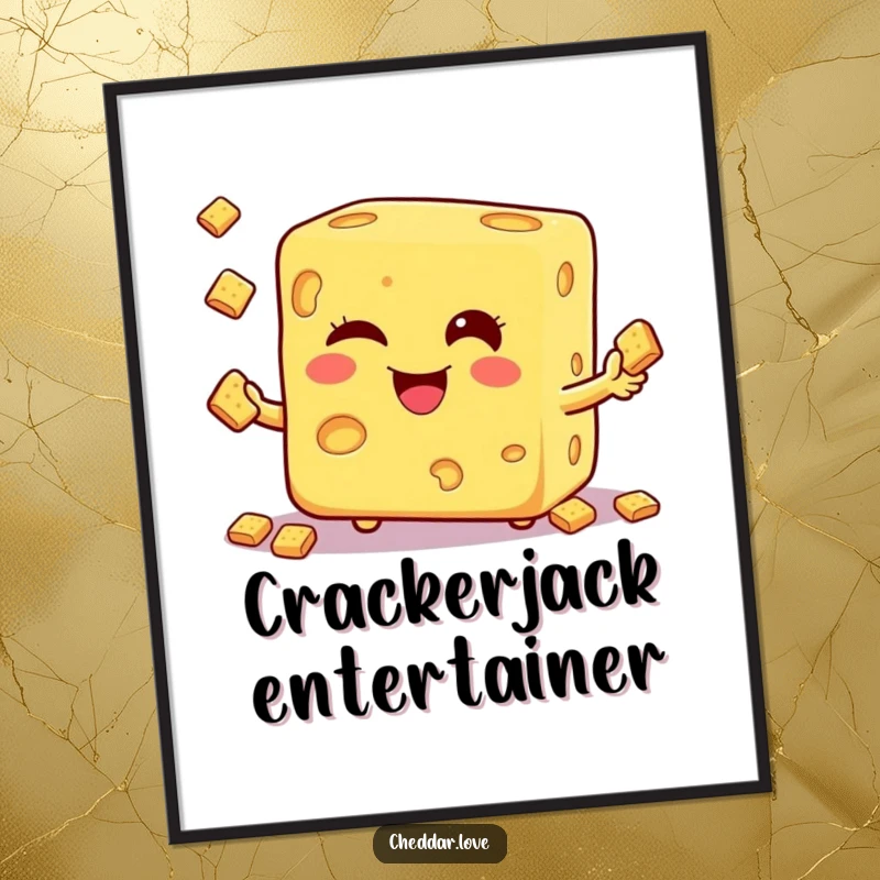Funny digital art print of a winking cheese cube expertly juggling small crackers, ready for instant download.