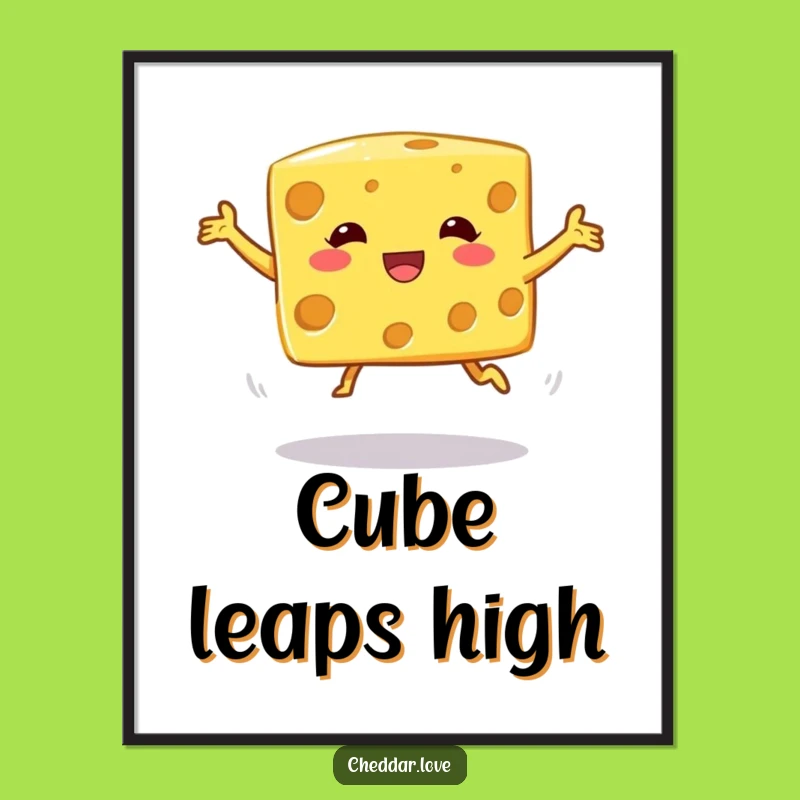 Funny Cheese Cube Jump Art Print - Digital Wobbly Decor, Perfect Funny Gift