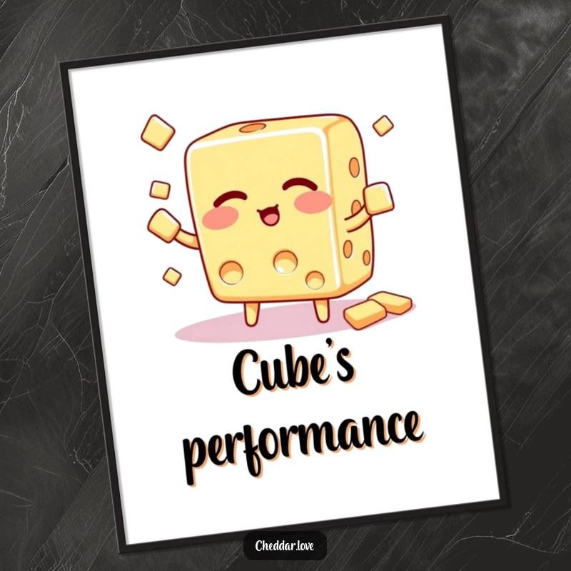 Funny Digital Art Print: A winking cheese cube juggles small crackers, ready to be printed and displayed for witty decor.