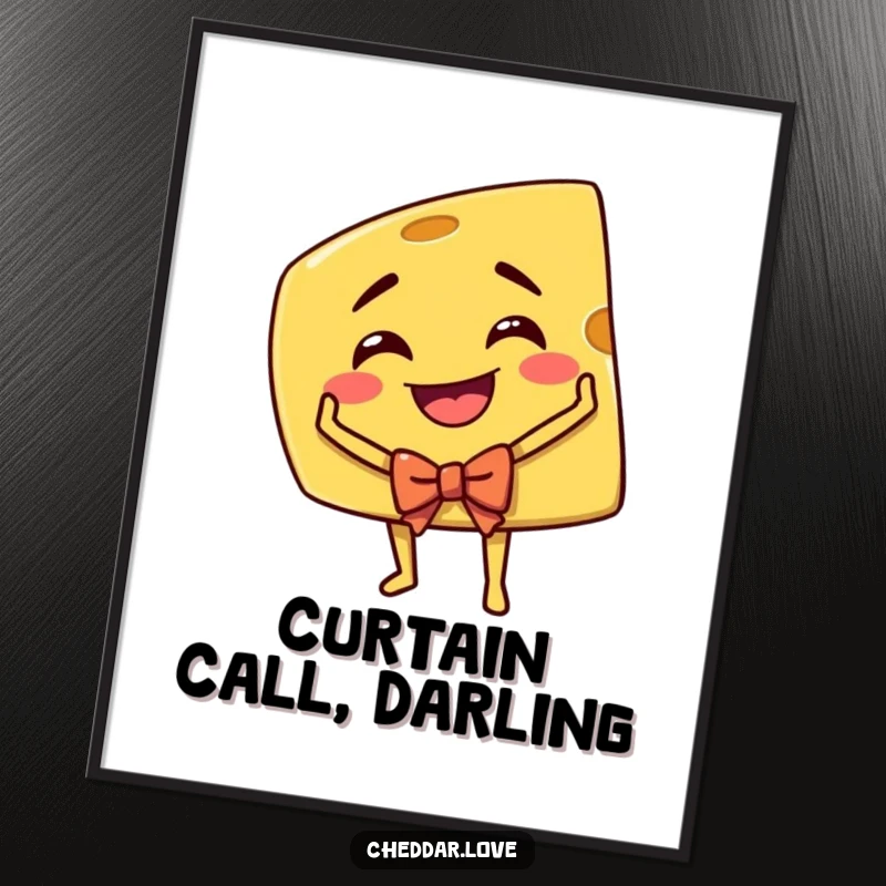 Funny Cheddar Cheese Digital Art: A grinning wedge of cheddar cheese performing a dramatic theatrical bow, full of showmanship.