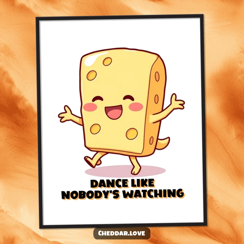 Funny digital art print of a smiling cheese slice doing a silly dance, full of energetic and humorous motion.