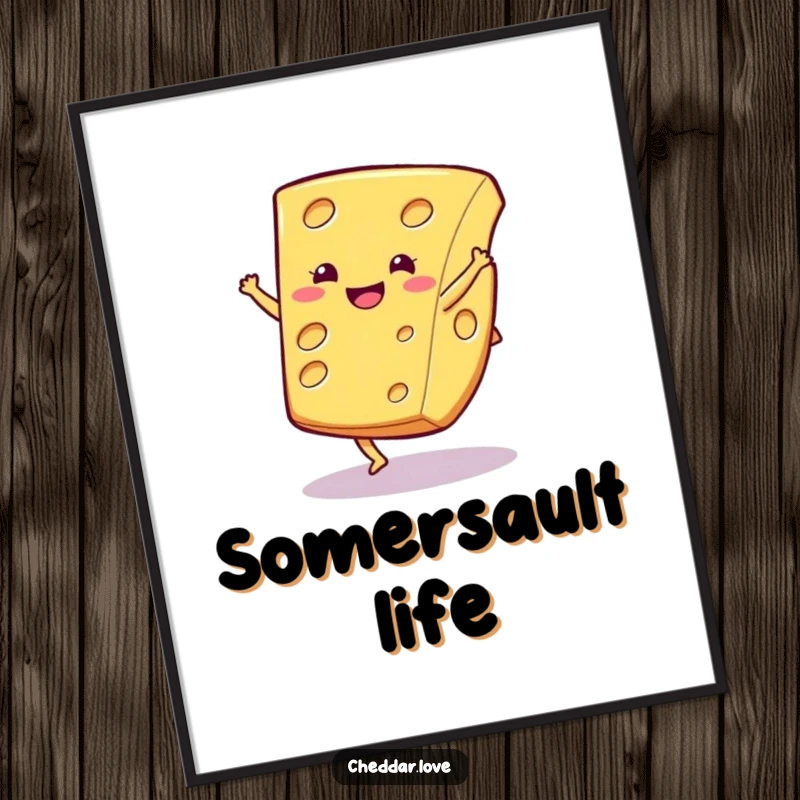 Funny cheese digital art print, a smiling cheese slice in a joyful cartwheel, bringing energy and humor to your walls.