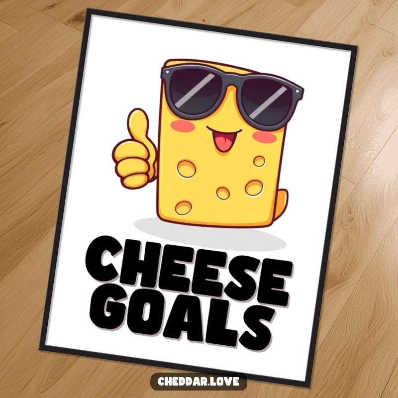 Funny cheddar cheese slice wearing sunglasses, thumbs-up, as digital art, bringing cool, humorous vibes to any room.