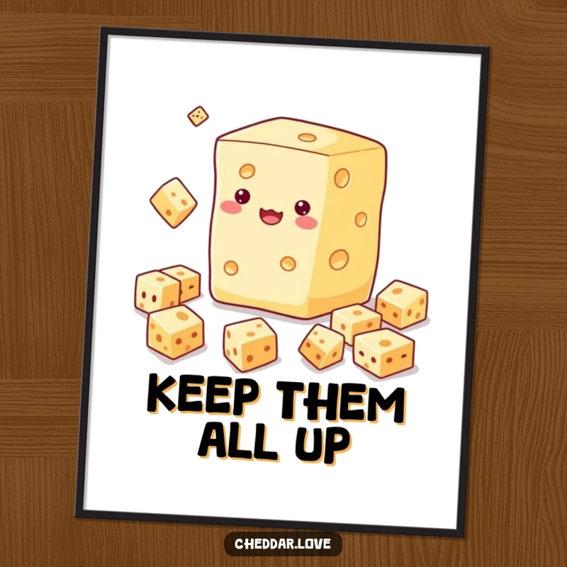 Funny digital art print of a cheese block juggling smaller cheese cubes, offering instant humor and a playful vibe.