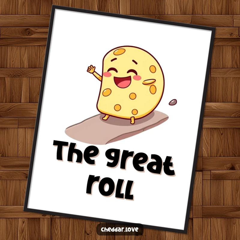 Funny Digital Art Print: A cheese wheel with a mischievous grin rolls downhill, ready to be printed and displayed for energetic decor.