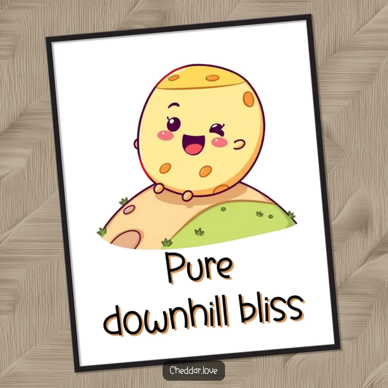 Funny cheese wheel digital art print with a joyful rolling expression, adding a humorous and whimsical touch to any room.