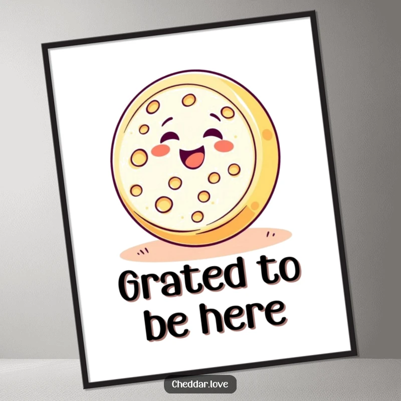 Funny happy cheese wheel rolling downhill with pure delight, humorous digital art print for wall decor.