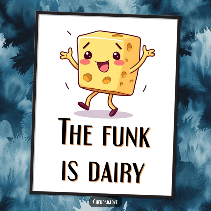 Funny dancing cheese digital art print, a block of cheese performing wild, joyous dance moves, full of color and fun.