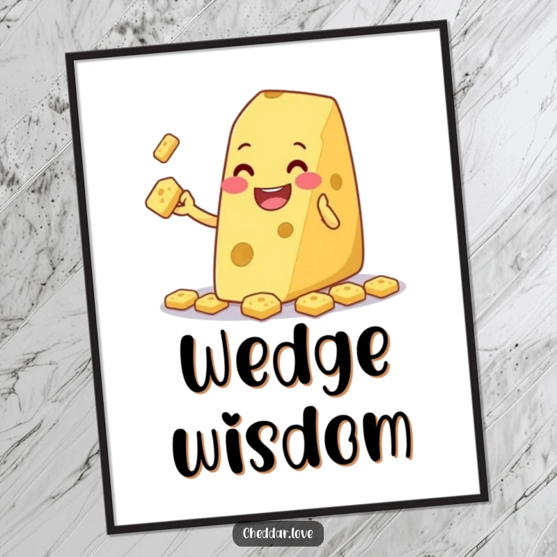 Funny grinning cheese wedge juggling tiny crackers, as digital art, bringing playful charm and humorous energy instantly.