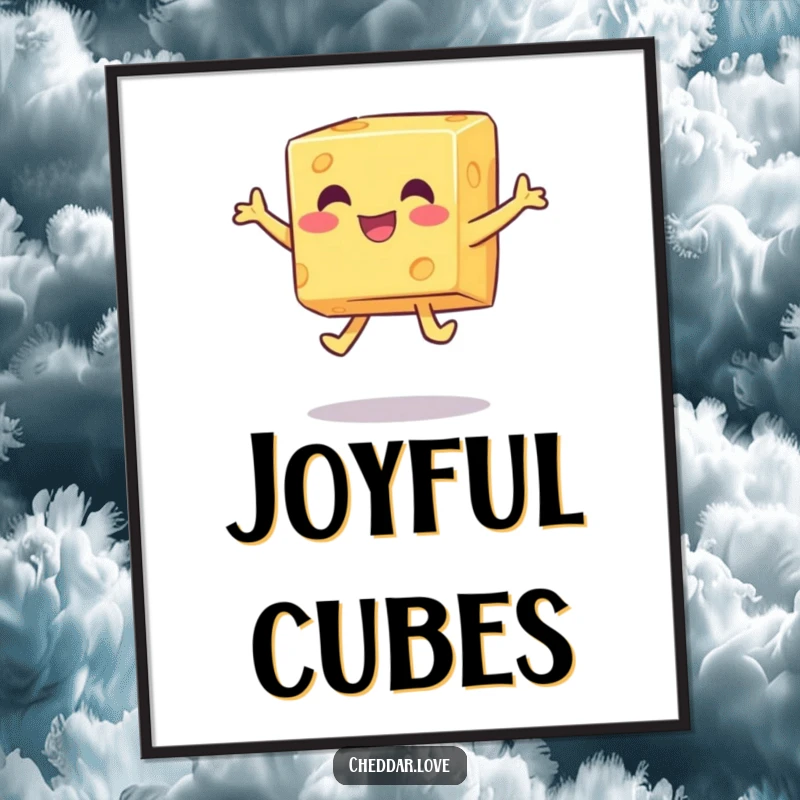 Funny happy cheese cube performing a playful jump, a digital art print for instant decor.