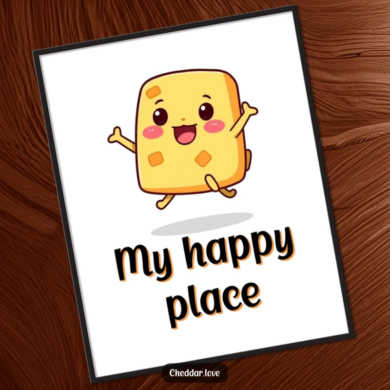 Funny Digital Art Print of a piece of cheese with legs, jumping with boundless enthusiasm and infectious energy.