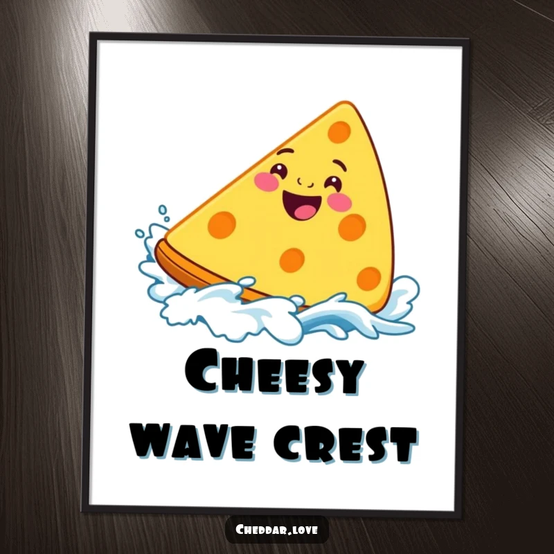 Funny Cheddar Cheese Digital Art Print, a grinning wedge surfing a cheesy wave, perfect for instant decor.