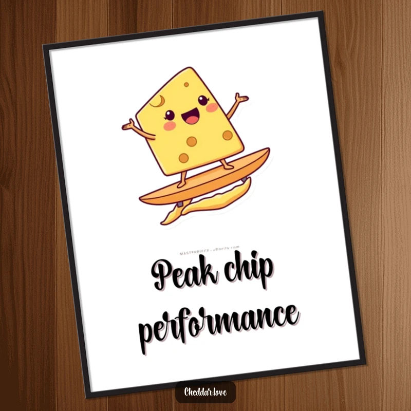 Funny digital art print of a smiling cheese wedge surfing a potato chip, ready to be printed and displayed.