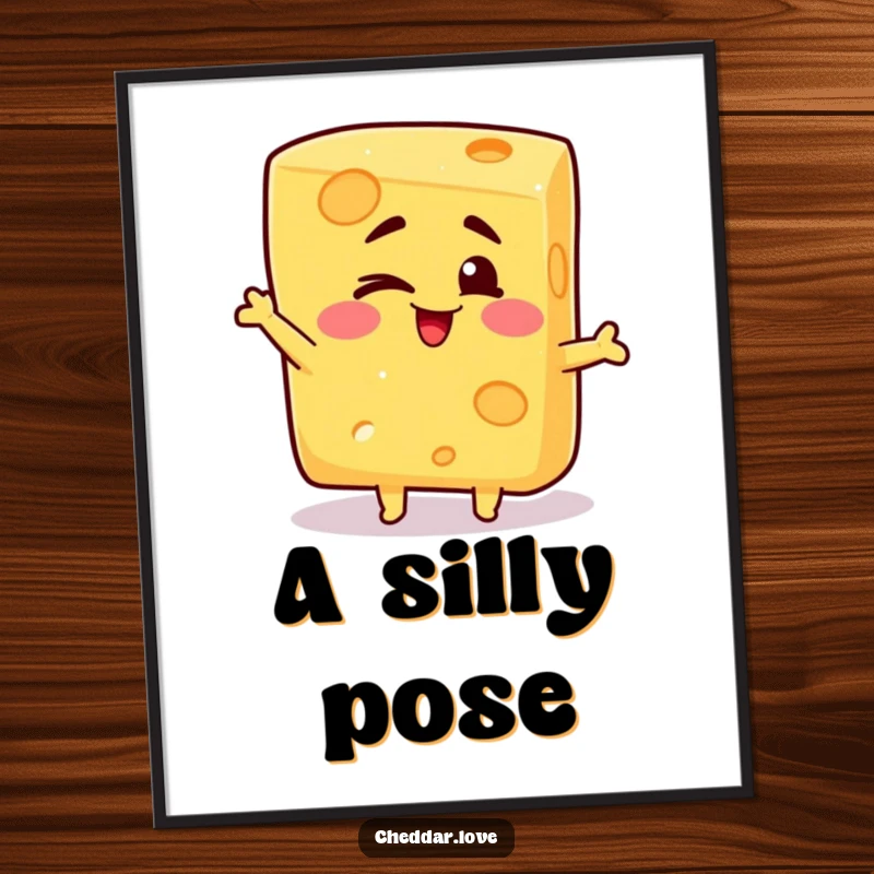 Funny digital art print of a block of cheese winking cheerfully and posing sillily, adding a dose of cartoonish humor.
