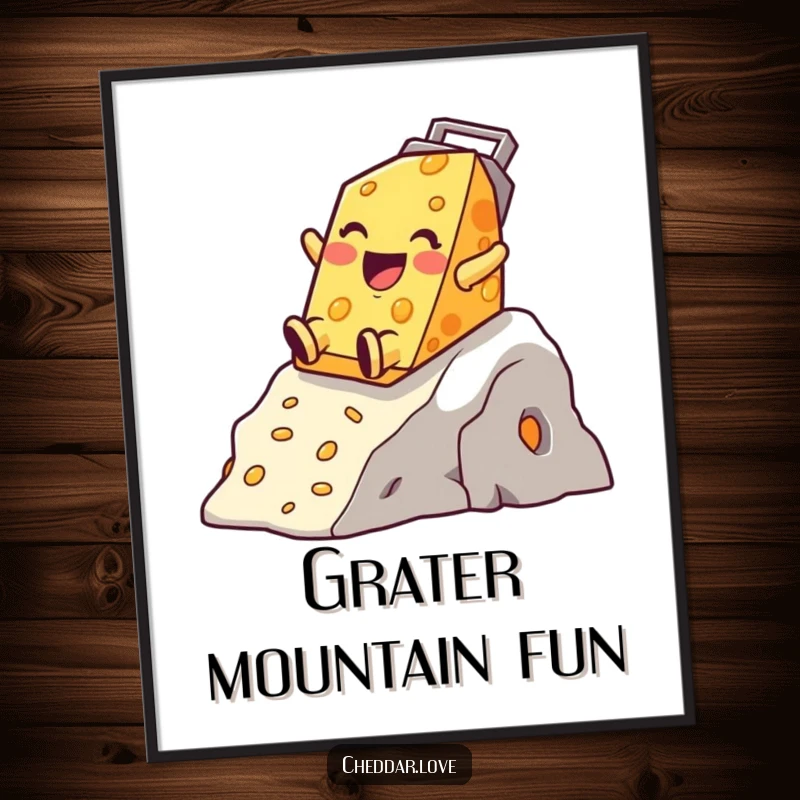 Funny Cheddar Cheese Digital Art Print, happy character sliding down a cheese grater mountain, for instant decor.