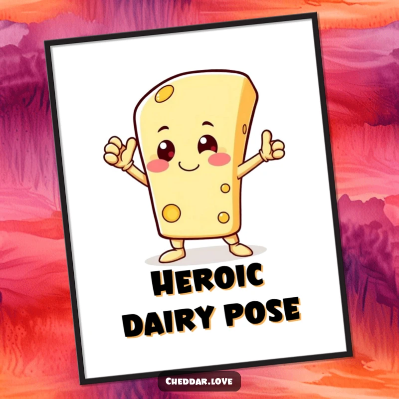 Funny digital art print of a happy cheese character striking a heroic pose, capturing comical bravery and whimsical fun.